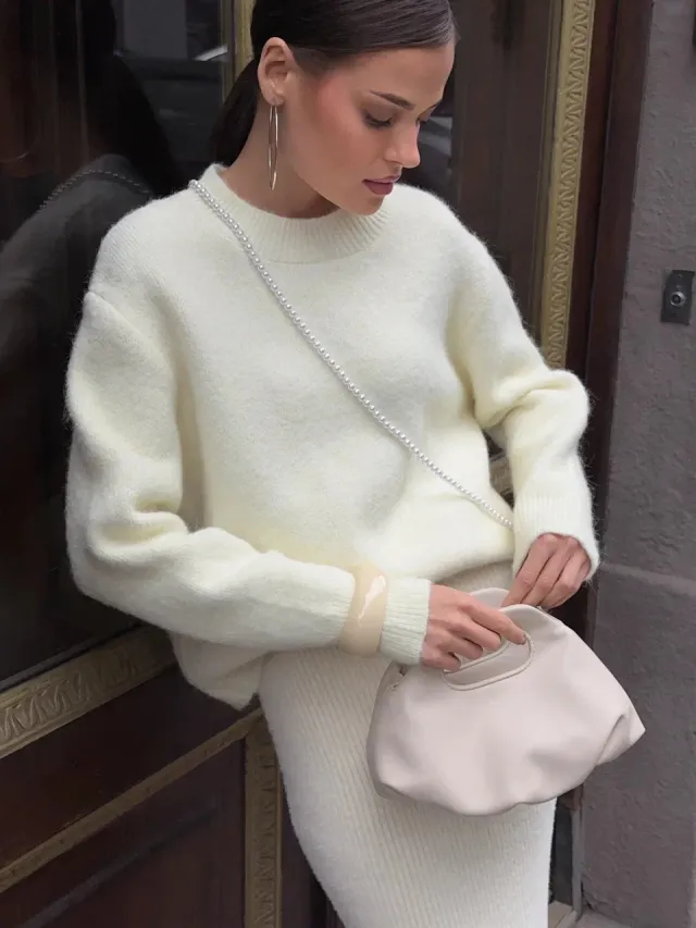 Short length Gray Pullover Women's Alpaca Round Neck Sweater Beige - Shop at LoveMi