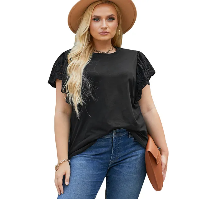 Female Lace Hollow Out Versatile Casual Short Sleeved Shirt Black - Shop at LoveMi
