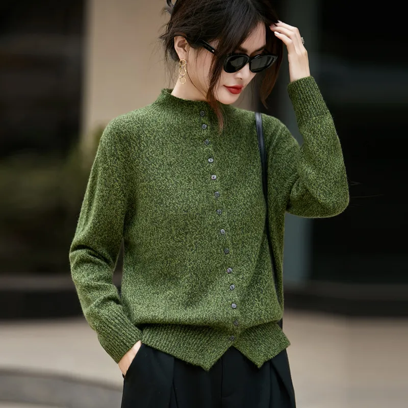 Machine Washable Half Turtleneck Arabesquitic Fabric Knitted Cardigan - Green
