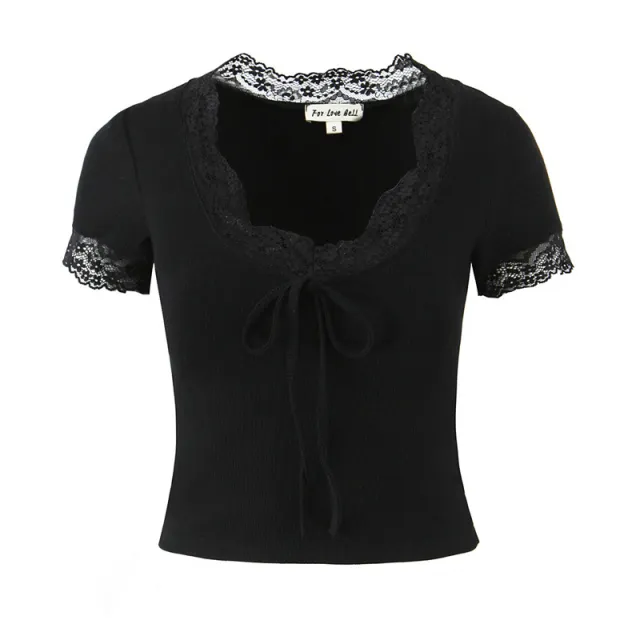 French Style Lace V neck Slim Fit All match Knitted T shirt Black - Shop at LoveMi
