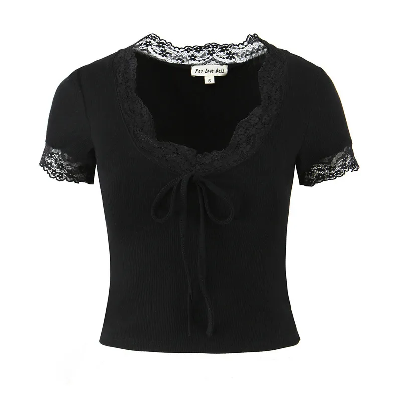 French Style Lace V-neck Slim Fit All-match Knitted T-shirt - Black