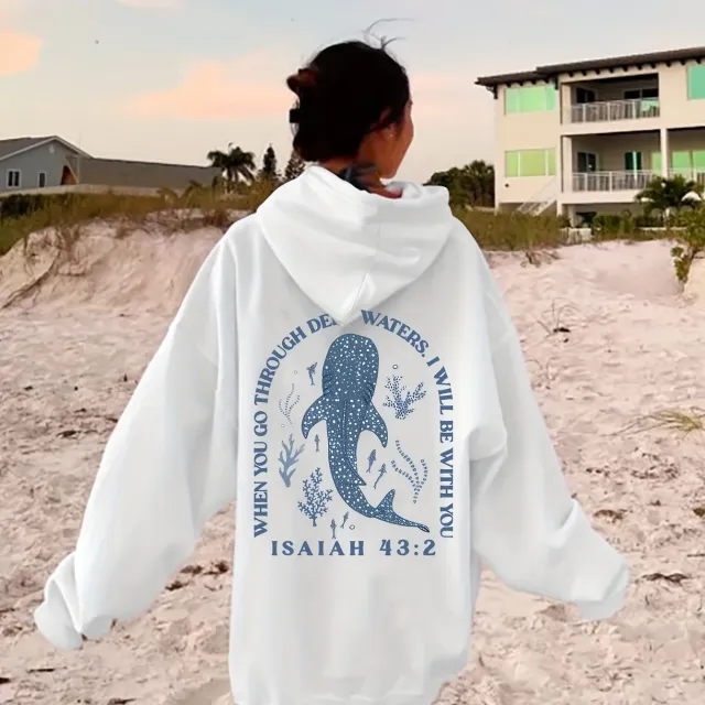 Marine Animal Whale Alphabet Pattern Printed Hoodie White - Shop at LoveMi