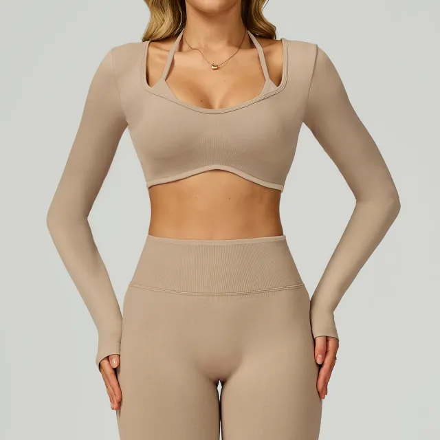 Seamless Contrast Color Yoga Long Sleeve Fake Two piece Short Version Slim Fit Yoga T shirt Brown - Shop at LoveMi
