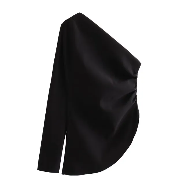 French style One shoulder Pleated Decorative Asymmetric Top Black - Shop at LoveMi