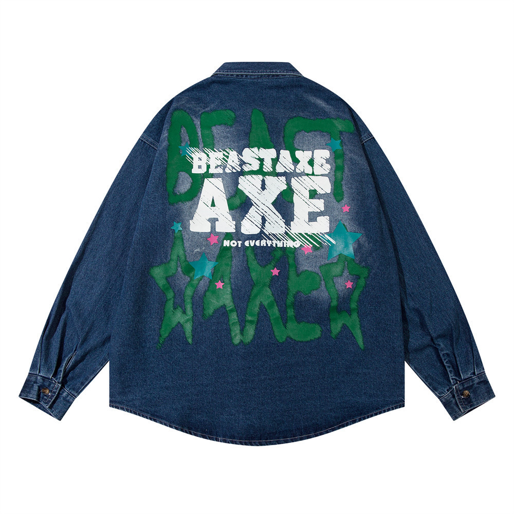 XINGX Alphabet Graffiti Print Denim Shirt Coat