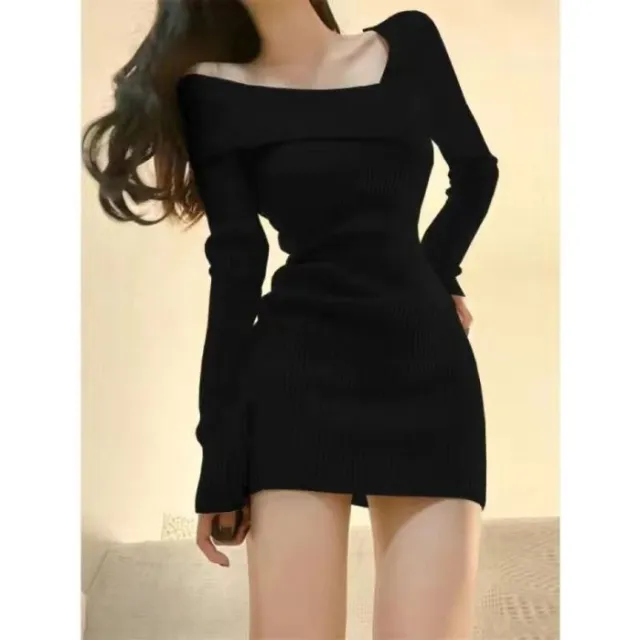 Women's Ribbed Brushed Knit Dress With Asymmetric Shoulder Black - Shop at LoveMi
