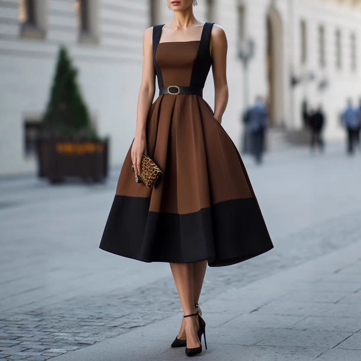 Retro-style Patchwork Wide-strap Waist-cinching Figure-flattering Refined Workwear Dress