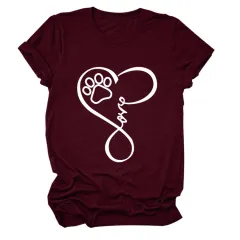 Dog Print Heart Printing Round Neck Short Sleeve Women's Clothing - Wine - View 1
