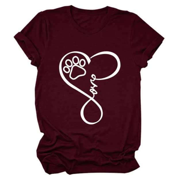 Dog Print Heart Printing Round Neck Short Sleeve Women's Clothing Wine - Shop at LoveMi