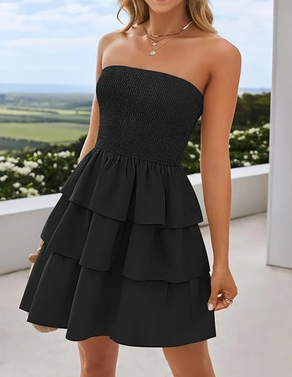 Women's Summer Pleated Tube Top Dress Off-the-shoulder Dress - Black