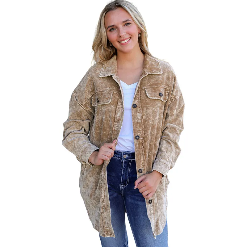 Long European And American Thigh-length Loose Casual Jacket - Khaki