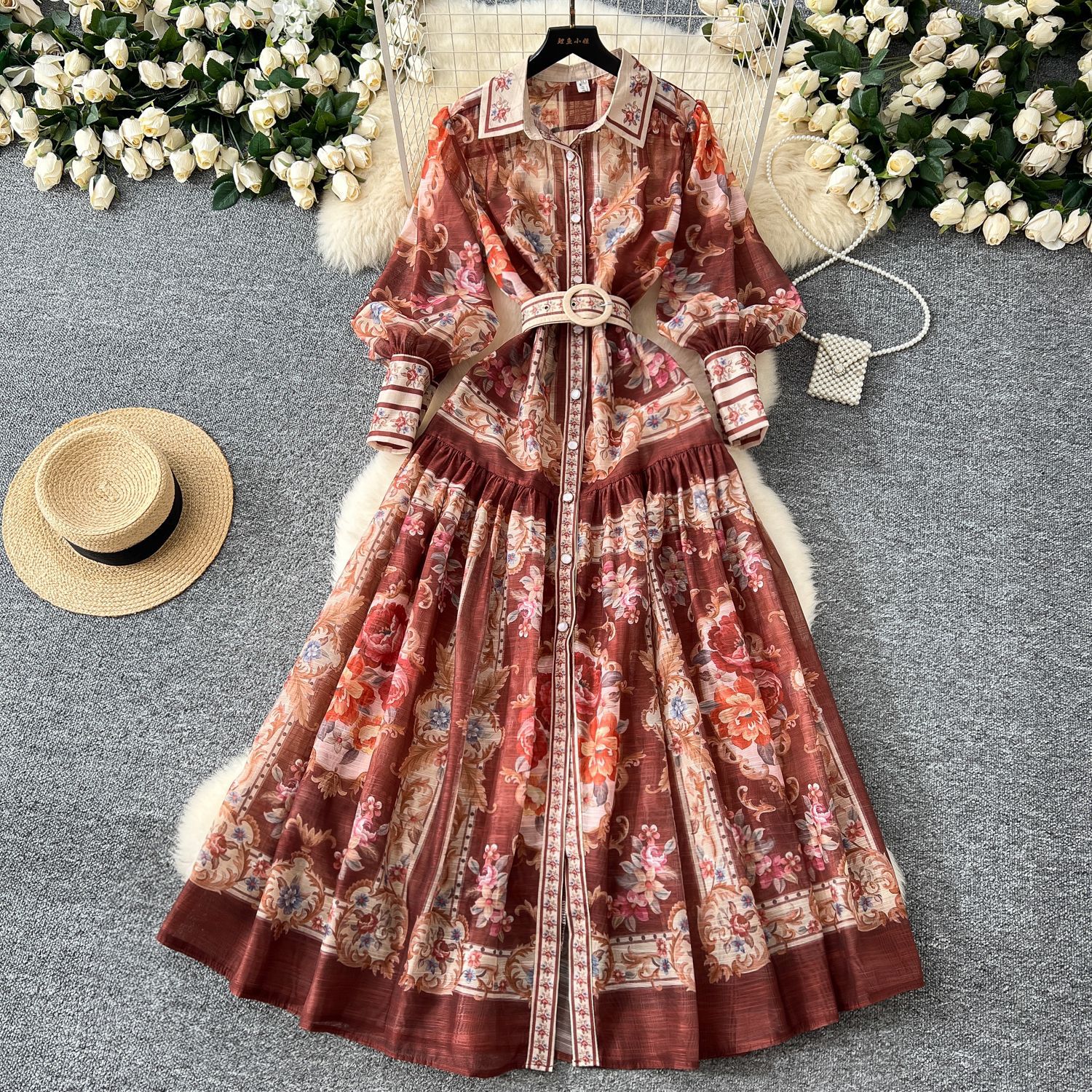 Retro Style Fashionable Printing Lapel Lantern Sleeve Waist-slimming Long Dress