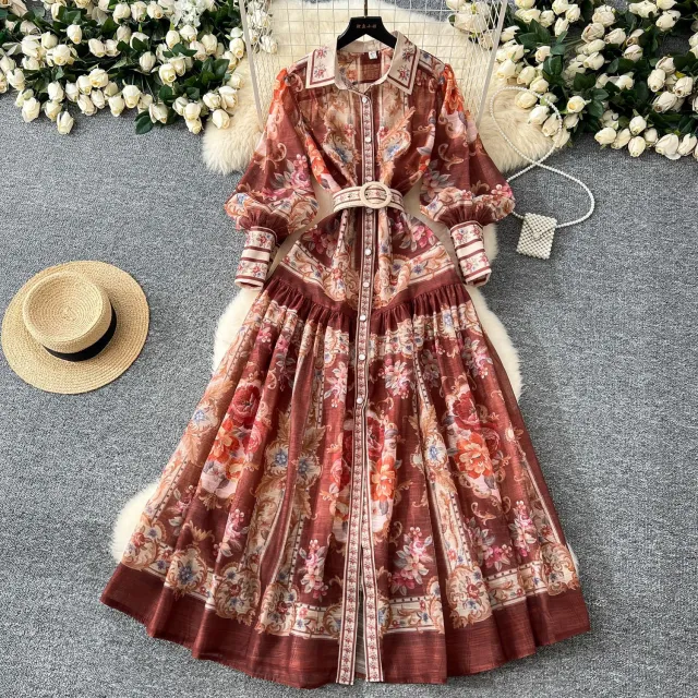 Retro Style Fashionable Printing Lapel Lantern Sleeve Waist slimming Long Dress Brown - Shop at LoveMi