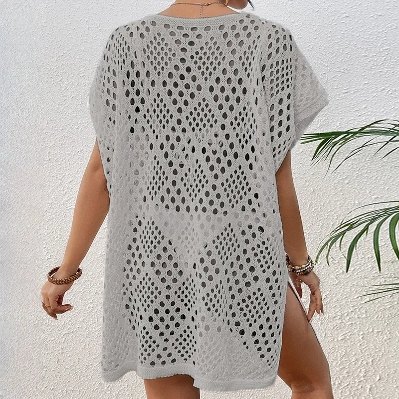 Lady's Dress Tie-up Beach Hollow-out Knitwear - Gray