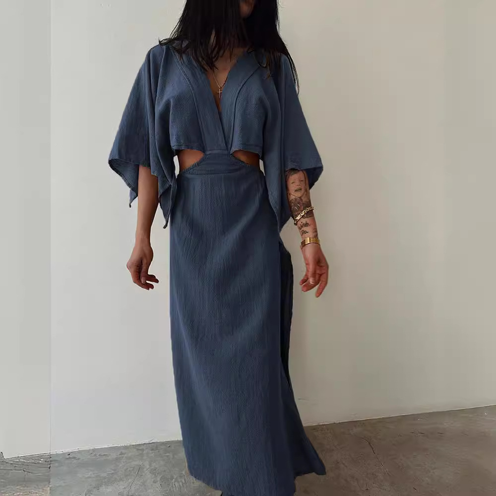 New Hollow Backless Sexy Slim Cotton And Linen Long Dress