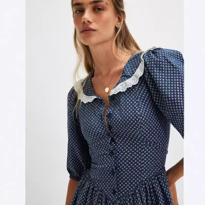 فستان بحزام وياقة دمية فرنسية منقط ريترو