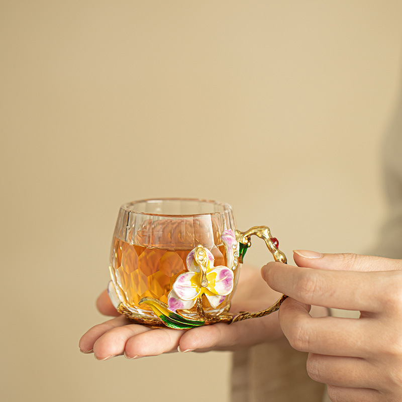 Enamel-colored Crystal Glass Tea Cup With Cut Edges