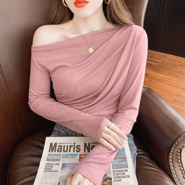 Pleated Collarbone Off shoulder Shoulder baring Top Slimming Inspirational Bottoming Shirt Lotus Root Color L - Shop at LoveMi