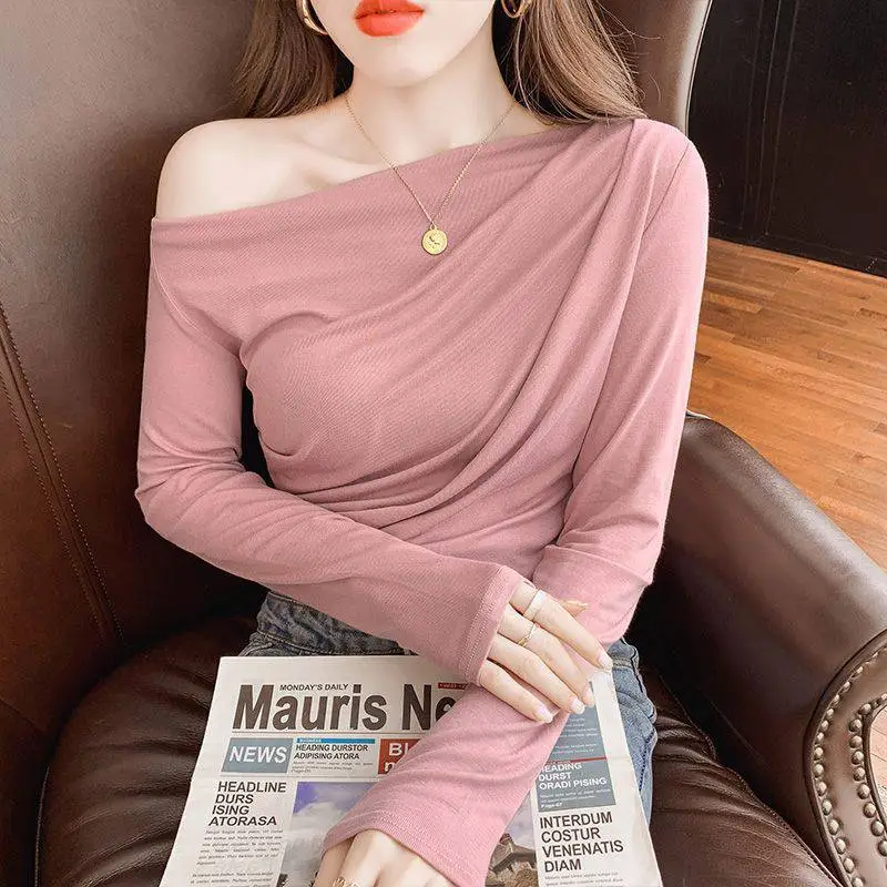 Pleated Collarbone Off-shoulder Shoulder-baring Top Slimming Inspirational Bottoming Shirt - Lotus Root Color-Xl