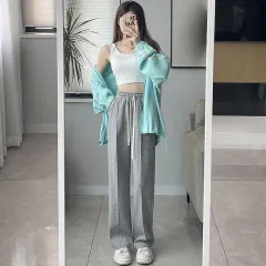 Personalised Mid-line Design Wide-leg Summer New High Waist Slimming Loose Lace-up Casual Pants - Grey - View 1