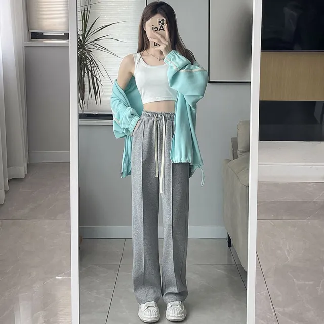 Personalized Mid line Design Wide leg Summer New High Waist Slimming Loose Lace up Casual Pants Gray - Shop at LoveMi