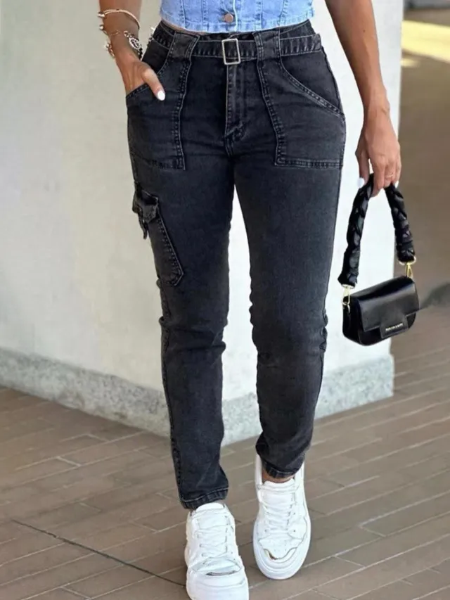 Women's Jeans Leisure Washed out Slim fit Solid Color Workwear Denim Black - Shop at LoveMi