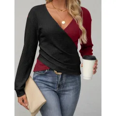 Women's Two-colour Colour Contrast Patchwork Drop-shoulder - Qx23770 Wine Red - View 1
