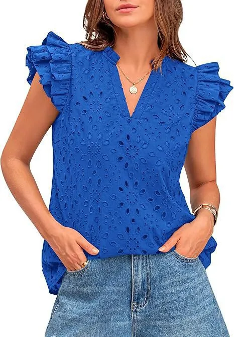 Women's Eyelet Top Fashion Casual V-neck Pleated Cover Sleeve Lace Embroidered Shirt - Blue