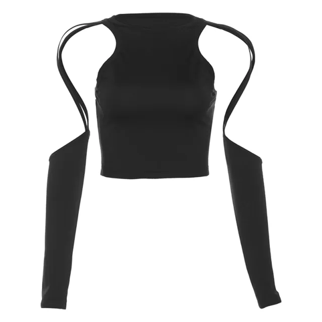 Fashion Women's Wear Long Sleeve Round Neck Hollow out Navel T shirt Black - Shop at LoveMi