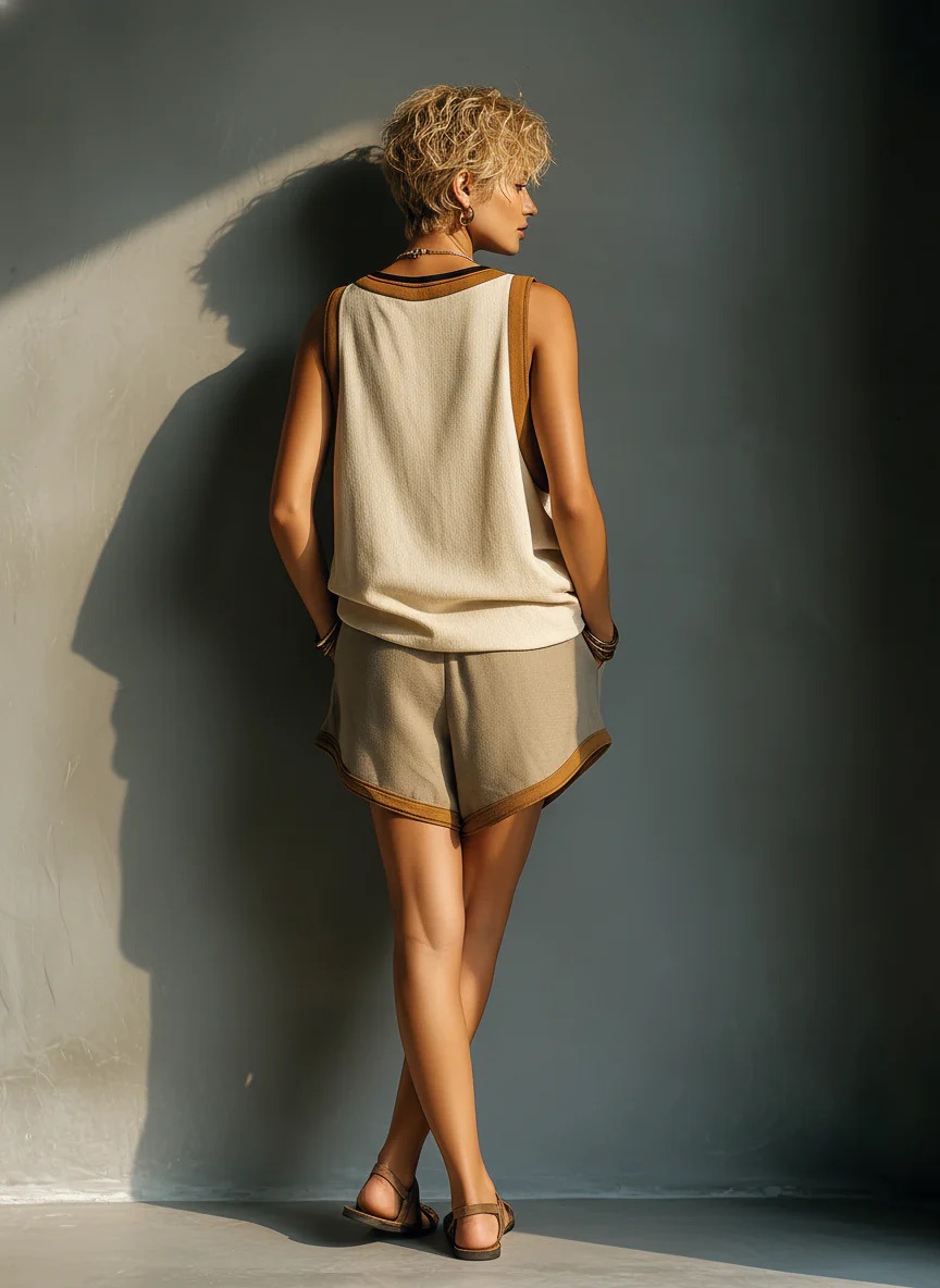 Women's color-block V-neck top and shorts set – side and back view