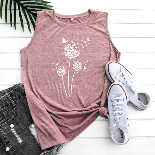 Dandelion Printing Bottoming Sleeveless Vest Pink White Picture - Shop at LoveMi