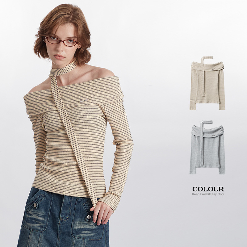 European And American Striped Contrast Color Off-shoulder Design Long Sleeve