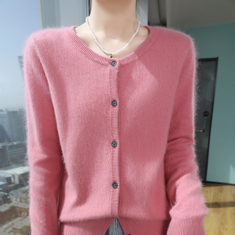 Womens Loose Button-up Solid-color Cropped Sweater With A Crew Neck