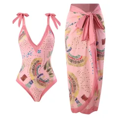 Beach Hot Spring Swimsuit French Retro One-piece Bikini - Pink - View 1