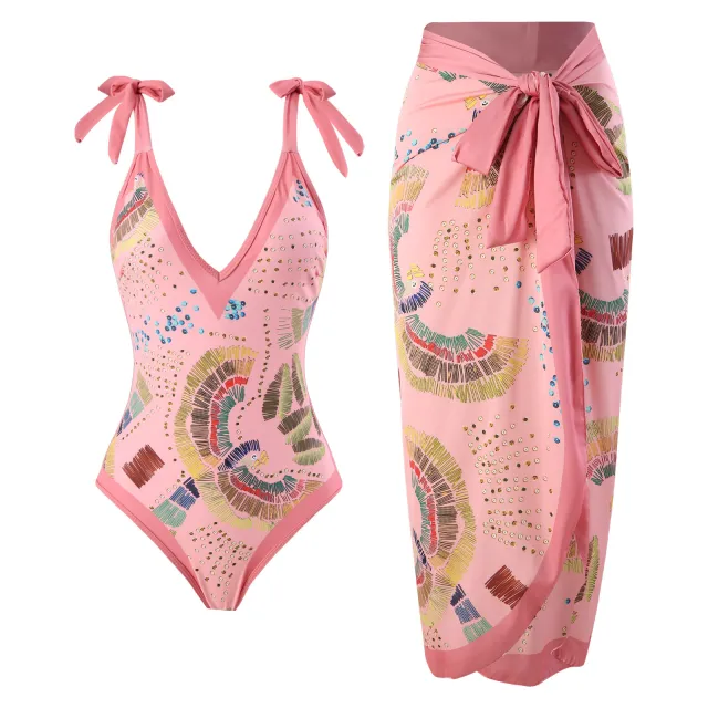 Beach Hot Spring Swimsuit French Retro One piece Bikini Pink - Shop at LoveMi