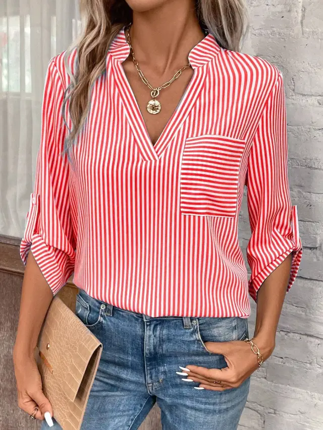 Women's V neck Pullover Striped Printed Long Sleeves Casual Shirt Red - Shop at LoveMi