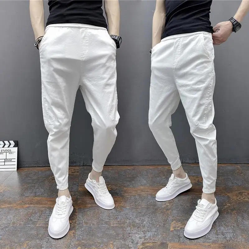 Slim-fitting Ankle Length Trousers Solid Color Elastic Ankle-tied Harem