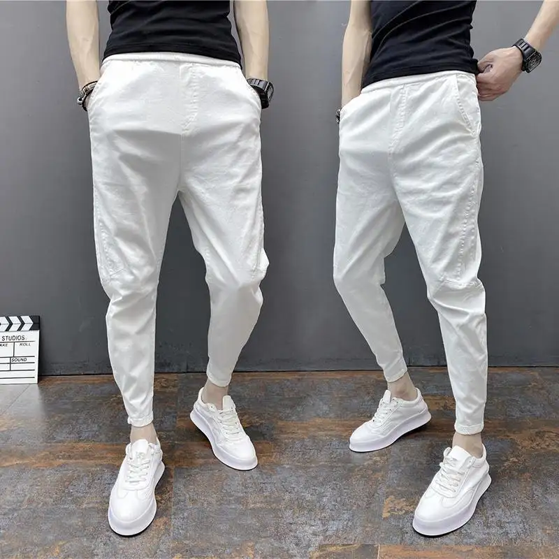 Slim-fitting Ankle Length Trousers Solid Color Elastic