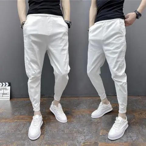 Slim-fitting Ankle Length Trousers Solid Color Elastic Ankle-tied Harem