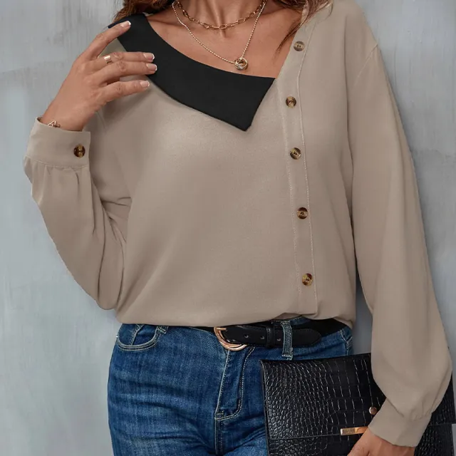 Women's Design Sense Lapel Long Sleeve Shirt Brown - Shop at LoveMi
