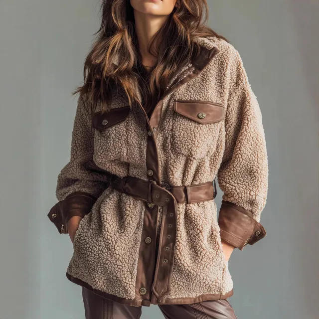 Women's Wear Thickened Lamb Fur Spliced PU Leather Pocket Leather Belt Retro Coat Khaki - Shop at LoveMi