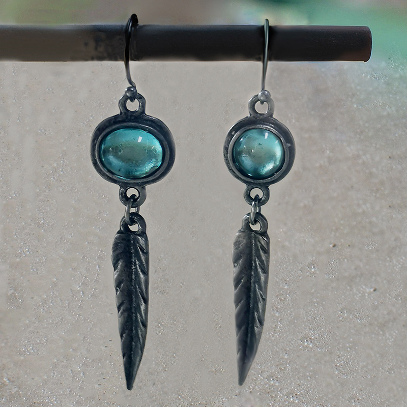 Fashion Simple Opal Feather Pendant Earrings