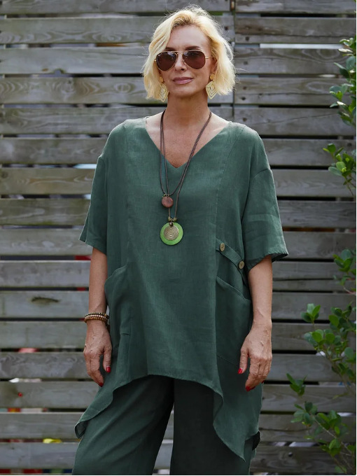 Women's Solid Color Cotton And Linen Shirt Green - Shop at LoveMi