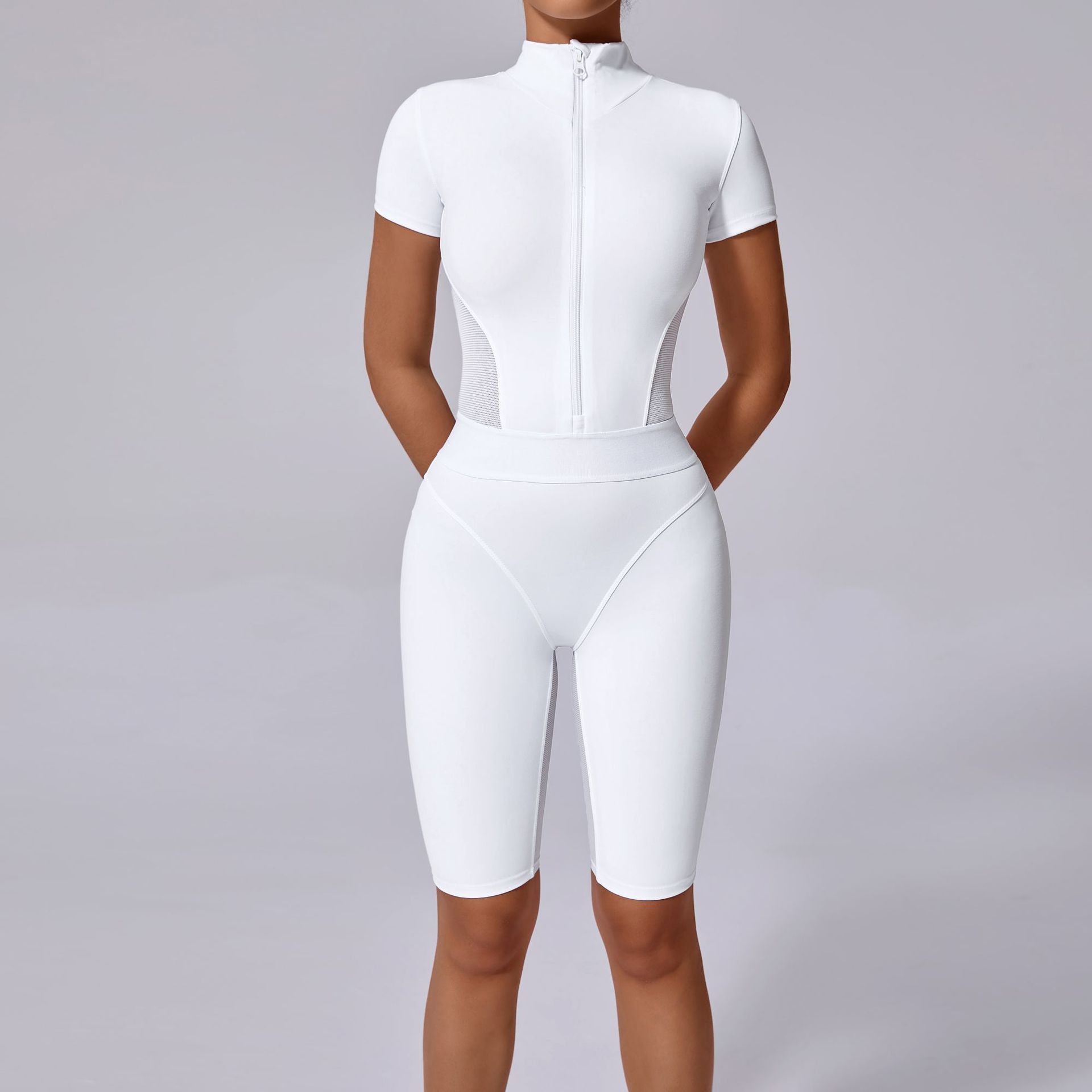 Title 4, Tight Waist Open Collar Zipper Short Sleeve Yog...