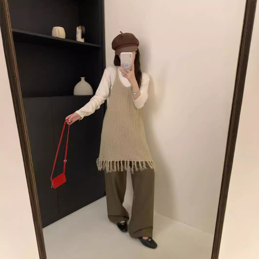 Hollow Design Sense Spaghetti Straps Knitted Vest Loose Bandage Dress Mid-length Vest Skirt