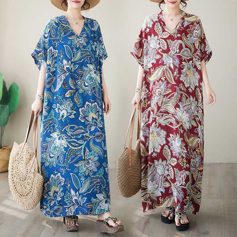 Retro Loose-fitting Plus Size V-neck Bohemian Dress Women