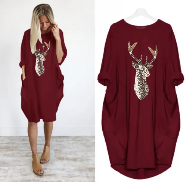 Christmas Pattern Printed Sweater Dress Round Neck Spring And Autumn Dress Wine Red - Shop at LoveMi