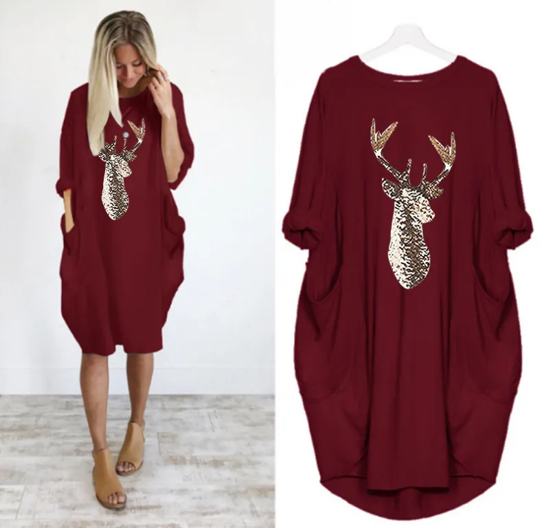 Christmas Pattern Printed Sweater Dress Round Neck Spring And Autumn Dress - Wine Red