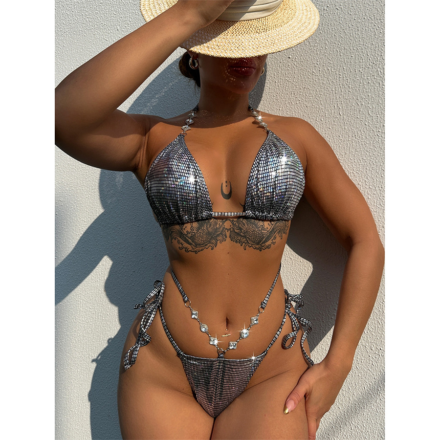 Silver Glossy Bikini Diamond Chain Swimsuit