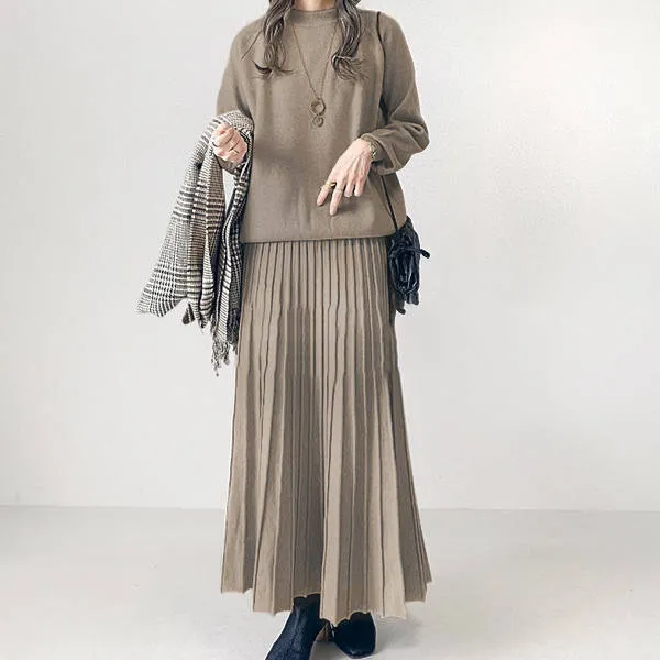 Women's Long Sleeve Pleated Skirt Fashion Suit Dark Khaki Cloth Color - Shop at LoveMi